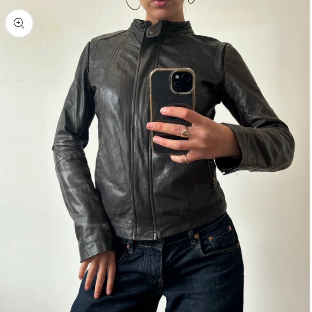 Vintage Mango Sheepskin Dark Brown Leather Fitted Jacket